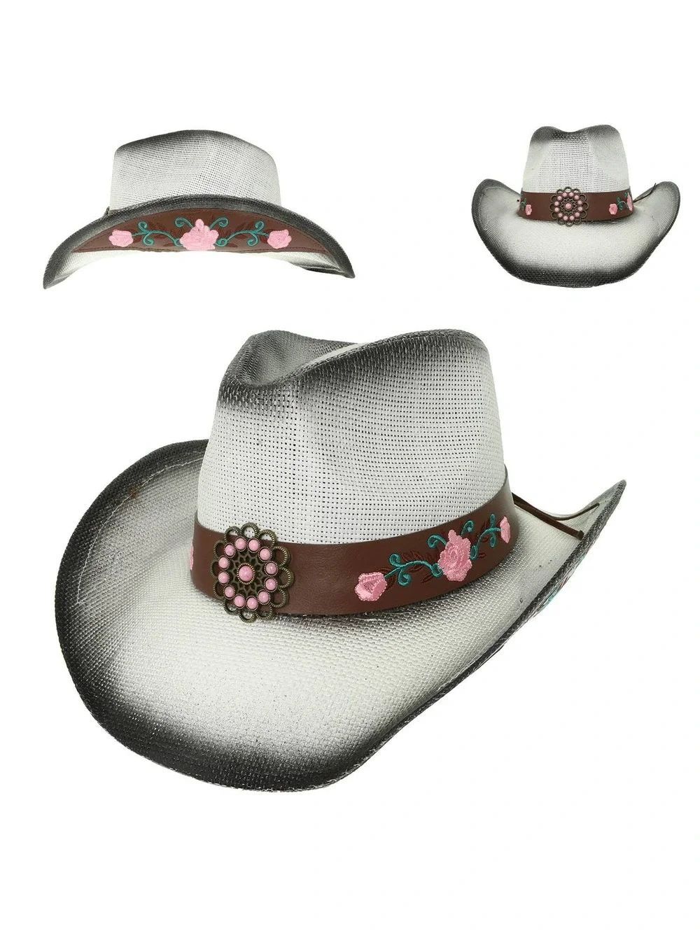 Western Straw Woven Cowboy Hat with Pink Floral - Picture 6 of 6